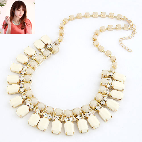 Opaque rectangle gem necklace with woven cord in cream - Empayah Jewellery
